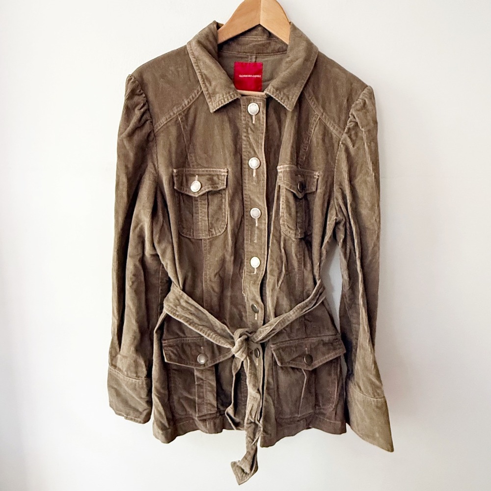 Gloria Vanderbilt Tan Corduroy Belted Utility Jacket Large Retro Western Casual - Picture 1 of 11